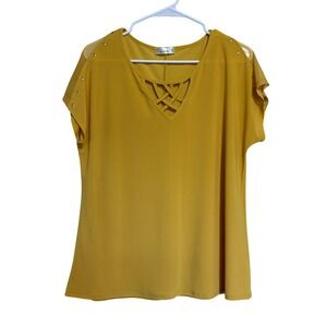 89th + Madison Womens Mustard Yellow Lattice Neck Studded Mesh Blouse Large